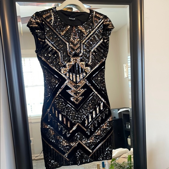 Express Black and Gold Sequin Dress - Picture 2 of 7
